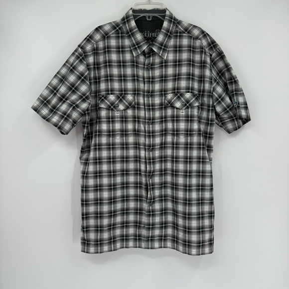 KUHL Rumblr Shirt Men's Black Gray Plaid Size Large Pearl Snap Short Sleeves - Picture 11 of 11